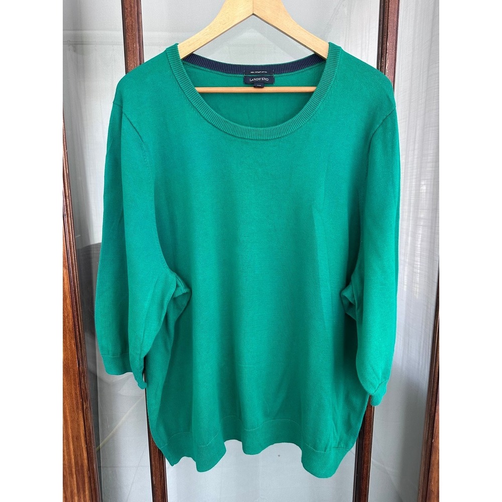 Lands' End 100% Cotton Sweater Women's 3X Teal Green Elbow Sleeve Crewneck